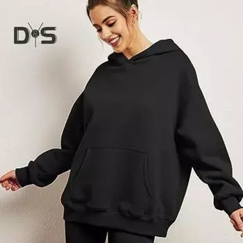 Женская толстовка с капюшоном на осень-зиму, толстый капюшон, длинные рукава, большой карман, размер плюс, средняя длина, однотонный цвет, свободные эластичные манжеты, спортивный топ на шнурке XS светло-серый