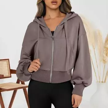 Женская толстовка с капюшоном на осень-зиму с короткими рукавами, карманом, застежкой-молнией, плюшевой подкладкой, однотонной, свободными эластичными манжетами, спортивной курткой на шнурке XXL светло-серый
