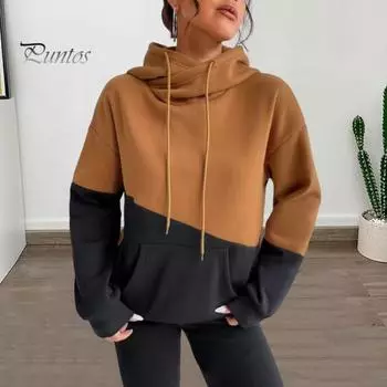 Женская толстовка с капюшоном на осень-зиму с цветными блоками, завязками на шнурке, длинными рукавами, эластичными манжетами и подолом, большим карманом, плотный спортивный топ для фитнеса S зелёный