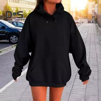 Женская толстовка с капюшоном на осень-зиму с большим передним карманом, свободного кроя, средней длины, однотонная, плотная, теплая, спортивная, повседневная, повседневная толстовка с капюшоном L белый