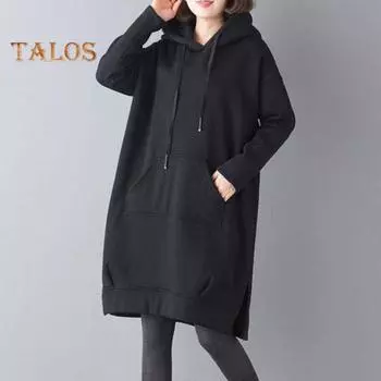 Женская толстовка с капюшоном на осень-зиму с большим карманом, завязками на шнурке, разрезом по низу, однотонная, свободная, длиной до колена, толстый верх, плюшевый пуловер, повседневная толстовка с капюшоном M чёрный