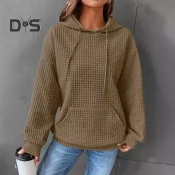 Женская толстовка с капюшоном на осень-зиму с толстой вафельной текстурой, длинными рукавами и большим карманом, однотонная, свободная, эластичная, со шнурком, спортивная кофта S белый