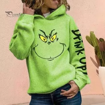 Женская толстовка с капюшоном на осень-зиму с эластичным манжетом и мультяшным принтом, с буквенным узором, свободная, плотная, однотонная, с капюшоном, повседневная S зелёный