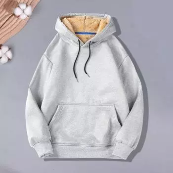 Женская толстовка с капюшоном на осень-зиму с толстой флисовой подкладкой, с длинными рукавами и карманом, однотонная, свободная, эластичная, на завязках, спортивная куртка M серый