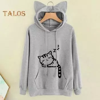 Женская толстовка с капюшоном на осень-зиму с большим карманом, декором в виде кошачьих ушей, принтом котенка, с капюшоном, длинными рукавами, свободный свитер для дома и школы, спортивный топ M чёрный