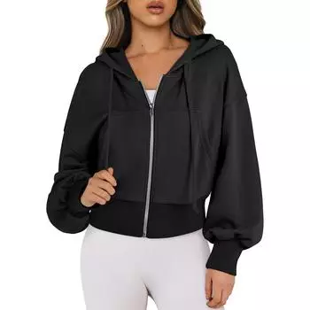 Женская толстовка с капюшоном на осень-зиму с короткими рукавами, карманом, застежкой-молнией, плюшевой подкладкой, однотонной, свободными эластичными манжетами, спортивной курткой на шнурке S чёрный