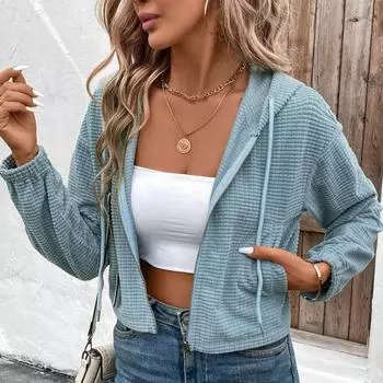 Женская толстовка с капюшоном, однотонная куртка с длинным рукавом и застежкой-молнией на шнурок, короткая толстовка с капюшоном для повседневной вечеринки, офиса, отпуска L синий