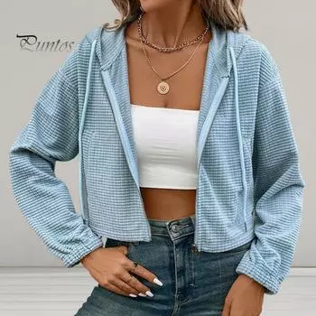 Женская толстовка с капюшоном, однотонная куртка с длинным рукавом и застежкой-молнией на шнурок, короткая толстовка с капюшоном для повседневной вечеринки, офиса, отпуска L синий