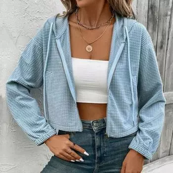 Женская толстовка с капюшоном, однотонная куртка с длинным рукавом и застежкой-молнией на шнурок, короткая толстовка с капюшоном для повседневной вечеринки, офиса, отпуска S синий