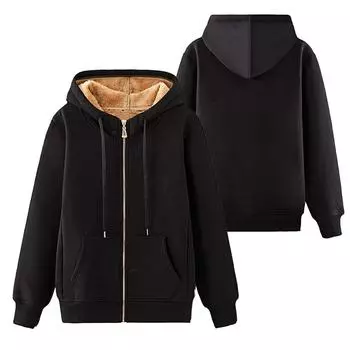 Женская толстовка с капюшоном, однотонная, на молнии, осень-зима, утолщенная, теплая, для офиса XL чёрный
