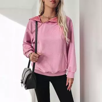 Женская толстовка с капюшоном, однотонная, с большим карманом, на косой молнии, весна-осень S розовый