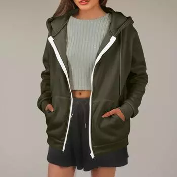 Женская толстовка с капюшоном, однотонная, с длинными рукавами, свободная спортивная куртка с капюшоном L армия зеленый
