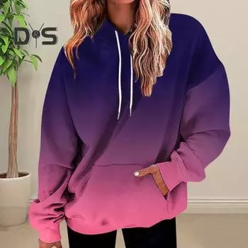 Женская толстовка с капюшоном осень-зима, цветная, градиентная, с капюшоном, свободная, толстая, мягкая, теплая, с длинным рукавом, эластичными манжетами, накладными карманами, средней длины, толстовка с капюшоном L фиолетовый