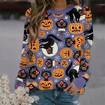 Женская толстовка с капюшоном Осень-Зима Хэллоуин Злая Ведьма Темный Замок Ужасы Вечеринка Принт Повседневные толстовки с длинными рукавами O-образным вырезом Женские топы S