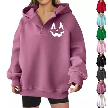 Женская толстовка с капюшоном, осенняя мода, повседневный арт-принт на Хэллоуин, V-образный вырез, свободный топ с длинным рукавом L чёрный