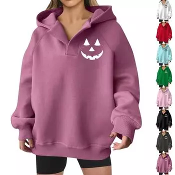 Женская толстовка с капюшоном, осенняя мода, повседневный арт-принт на Хэллоуин, V-образный вырез, свободный топ с длинным рукавом XXL