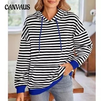 Женская толстовка с капюшоном, осенняя свободная повседневная полосатая толстовка с длинным рукавом и капюшоном S сапфировый