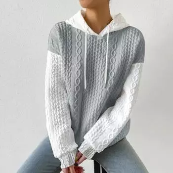 Женская толстовка с капюшоном, подходящая по цвету, с завязками, с капюшоном, скрученная текстура, длинный свободный свитер без рукавов, свободный свитер S серый/белый