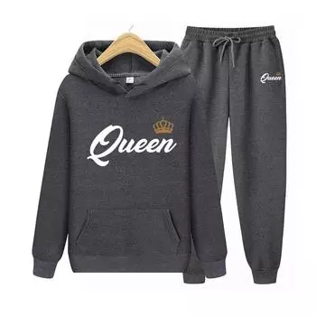 Женская толстовка с капюшоном Queen, женский костюм с капюшоном, комплект из двух предметов, толстовка с капюшоном, осенние мужские комплекты с капюшоном и брюками S