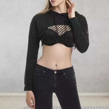 Женская толстовка с капюшоном, с ажурной сеткой, с капюшоном, с длинными рукавами, на талии, с завязками, однотонная уличная одежда, клуб XL чёрный