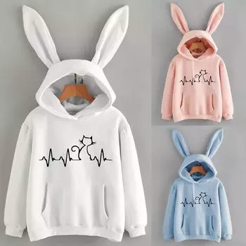 Женская толстовка с капюшоном с длинным рукавом и кроликом, пуловер, топы, блузка L синий