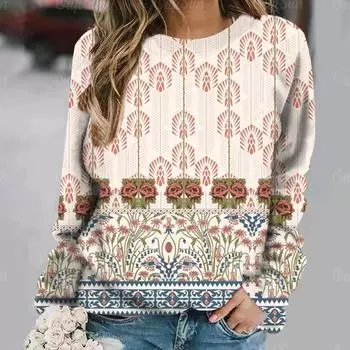 Женская толстовка с капюшоном с длинными рукавами, 3D ретро-геометрический принт, О-образный вырез, повседневная футболка, синяя, маленькая, свежая, модная одежда S