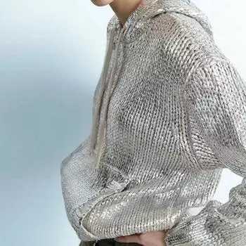 Женская толстовка с капюшоном с металлической нитью, серебристый трикотажный свитер с большим карманом, новая мода на осень и зиму S серебряный