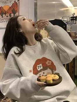 Женская толстовка с капюшоном с милым мультяшным принтом, осенне-зимняя, с круглым вырезом и длинными рукавами, свитшот для студента M