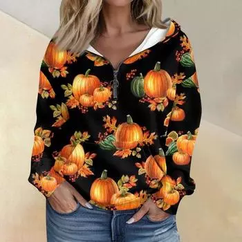 Женская толстовка с капюшоном с принтом Хэллоуина, длинными рукавами, карманами, свободной застежкой-молнией L чёрный