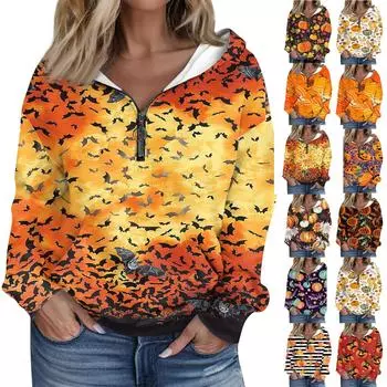 Женская толстовка с капюшоном с принтом Хэллоуина, длинными рукавами, карманами, свободной застежкой-молнией XXL