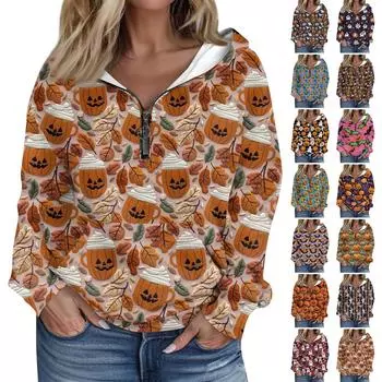 Женская толстовка с капюшоном с принтом Хэллоуина, длинными рукавами, карманами, свободной застежкой-молнией M