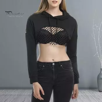 Женская толстовка с капюшоном, сетчатая, с капюшоном, с длинными рукавами, на талии, с завязками, однотонная, уличная, для клубной вечеринки, укороченный топ XL чёрный