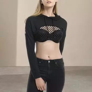 Женская толстовка с капюшоном, сетчатая, с капюшоном, с длинными рукавами, на талии, с завязками, однотонная, уличная, для клубной вечеринки, укороченный топ XL чёрный