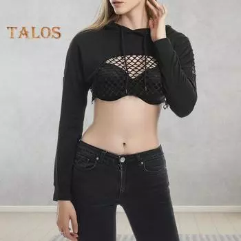 Женская толстовка с капюшоном, сетчатая, с капюшоном, с длинными рукавами, на талии, с завязками, однотонная, уличная, для клубной вечеринки, укороченный топ XL чёрный