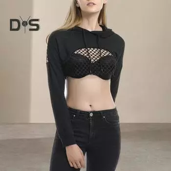 Женская толстовка с капюшоном, сетчатая, с капюшоном, с длинными рукавами, на талии, с завязками, однотонная, уличная, для клубной вечеринки, укороченный топ S чёрный