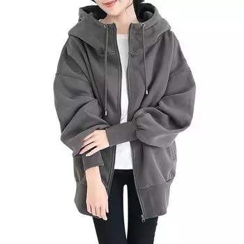 Женская толстовка с капюшоном, стильная флисовая куртка средней длины, повседневная, с воротником-стойкой, длинными рукавами-фонариками, однотонное пальто с карманами на капюшоне для осени и зимы S серый