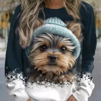 Женская толстовка с капюшоном, свитер с изображением собаки, повседневная спортивная одежда, черный, красный, синий, активная спортивная одежда с 3D-принтом, микроэластичный круглый вырез, длинный рукав S