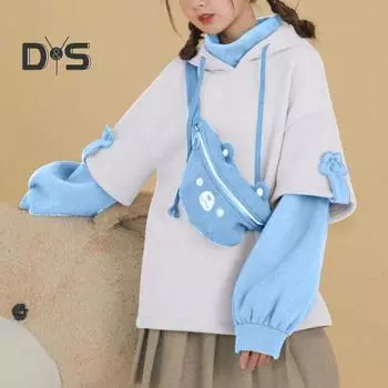 Женская толстовка с капюшоном весна-осень, цветная пэчворк, капюшон с завязками, длинный рукав, поддельный двухкомпонентный свободный мягкий женский топ с нагрудной сумкой L чёрный