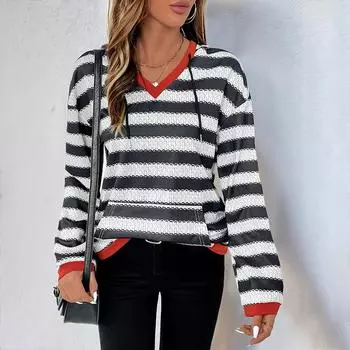 Женская толстовка с капюшоном весна-осень с длинным рукавом и тонкими полосатыми толстовками с карманом S чёрный