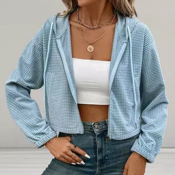 Женская толстовка с капюшоном Yousheng, однотонная куртка с длинным рукавом и застежкой-молнией на шнурок, короткая толстовка с капюшоном для повседневной вечеринки, офиса, отпуска L синий