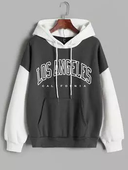 Женская толстовка с капюшоном ZAFUL Letter LOS ANGELES с графическим принтом и цветными блоками, на завязках, с термоподкладкой и большим размером S серый