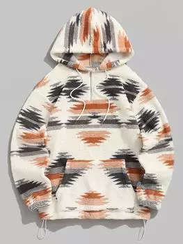Женская толстовка с капюшоном ZAFUL в этническом стиле с геометрическим принтом и застежкой-молнией на четверть длины, пушистая, текстурированная S светло-желтого