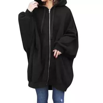 Женская толстовка с капюшоном ZANZEA, весенне-осенняя толстовка с длинными рукавами, свободная верхняя одежда на молнии 4XL чёрный