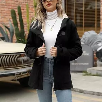 Женская толстовка с капюшоном, зимняя, однотонная, плюс флис, модная, теплая, пальто L чёрный