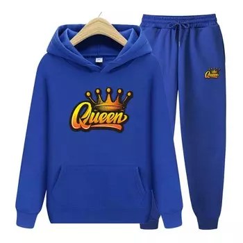 Женская толстовка с карманом и длинным рукавом, осенне-зимние толстовки + брюки, комплект из двух предметов, спортивные костюмы с королевским принтом, брюки для бега, плотная теплая одежда S
