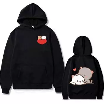 Женская толстовка с кавайным принтом персикового кота, повседневный пуловер большого размера, популярная уличная одежда, модный свитшот, одежда для пар S
