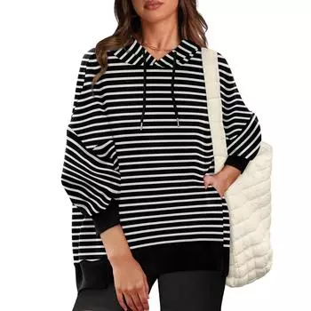 Женская толстовка с круглым вырезом, боковой разрез, длинный рукав, свободный крой, толстовка с капюшоном, однотонные повседневные топы большого размера M чёрный