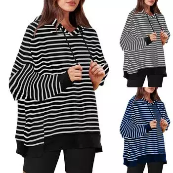 Женская толстовка с круглым вырезом, боковой разрез, длинный рукав, свободный крой, толстовка с капюшоном, однотонные повседневные топы большого размера M чёрный