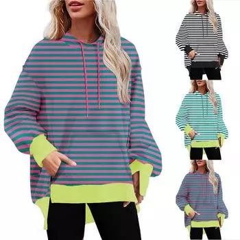 Женская толстовка с круглым вырезом, боковой разрез, длинный рукав, свободный крой, толстовка с капюшоном, однотонные повседневные топы большого размера S чёрный