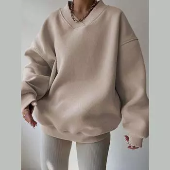 Женская толстовка с круглым вырезом большого размера, модная на осень-зиму, свободная однотонная толстовка с капюшоном, универсальная повседневная, с длинным рукавом S коричневый